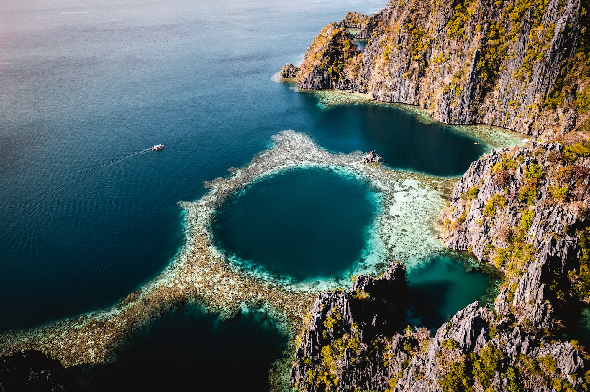 Aerial view of Twin Lagoon turquoise waters with a drone The Philippines Coron