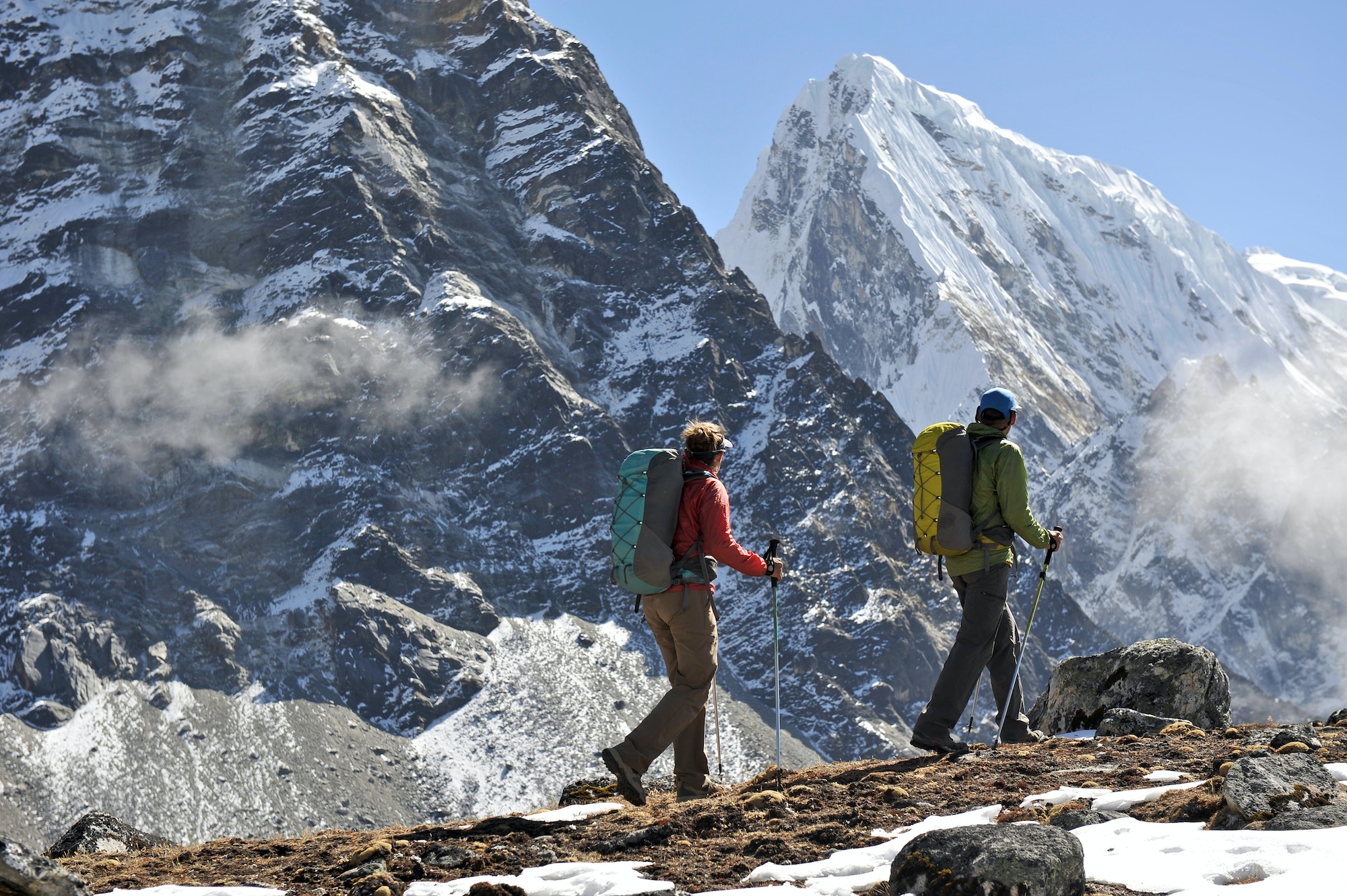 Trekkers hiking along a ridge, Gokyo, Nepal